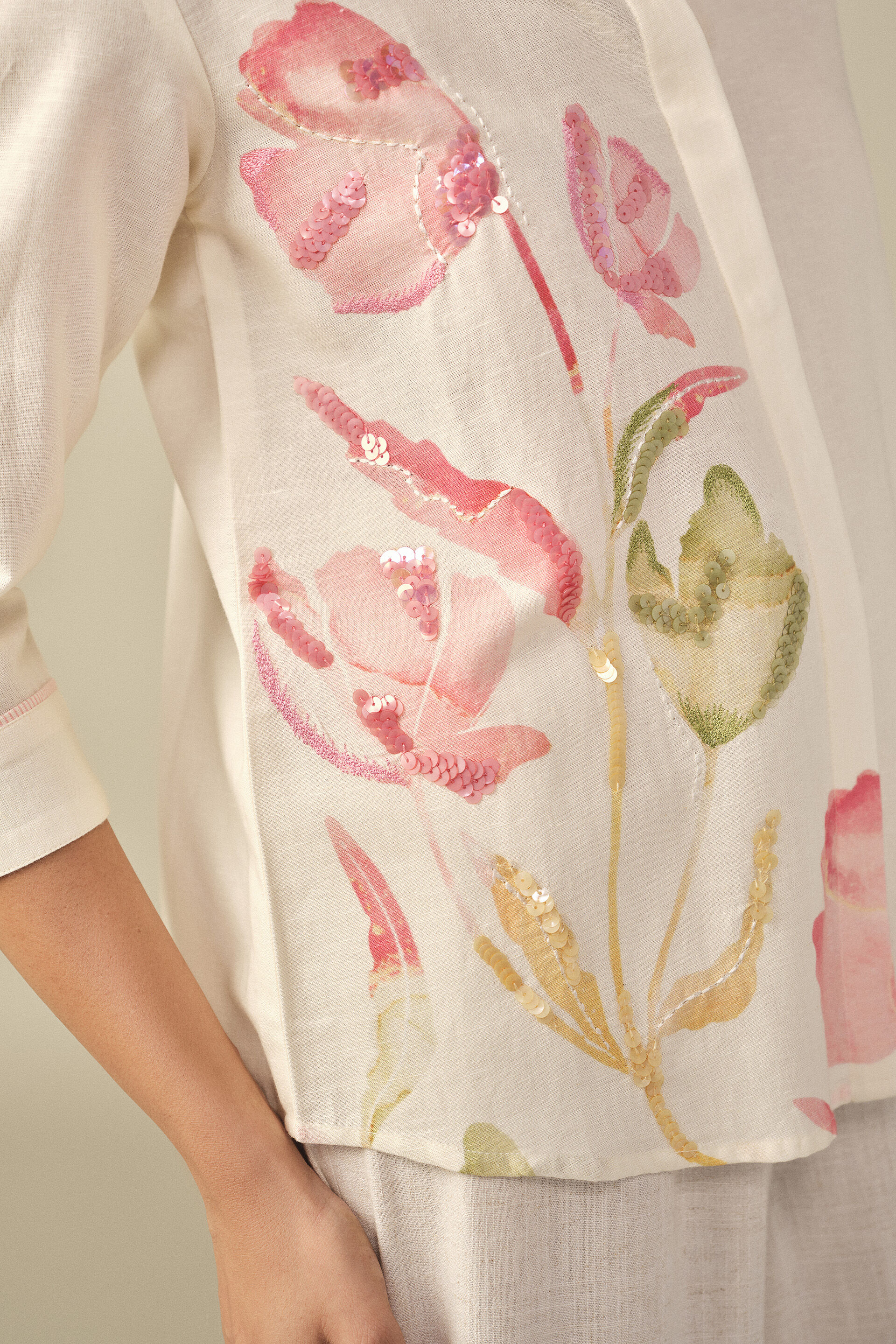 Floral Embroidered Shirt in Cream, White, image 4